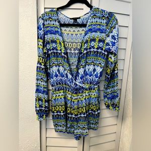 Blue/green/white pattered romper. XS. Long sleeves
